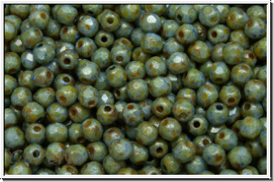 B�hm. Glasschliffperle, feuerpol., 3mm, white, op., green/brown mineralic, 50 Stk.