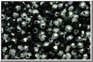 B�hm. Glasschliffperle, feuerpol., 3mm, black, op., half silver, matte, 50 Stk.