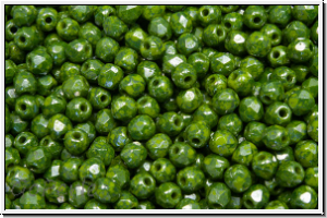 B�hm. Glasschliffperle, feuerpol., 3mm, olivine, dk., op., blue marbled, 50 Stk.