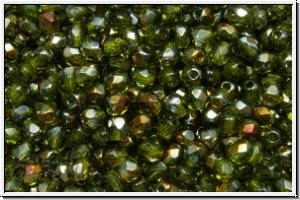 B�hm. Glasschliffperle, feuerpol., 3mm, olivine, trans., half valentinite, 50 Stk.