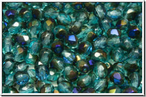 B�hm. Glasschliffperle, feuerpol., 4mm, aqua, med., trans., half volcano, 50 Stk.