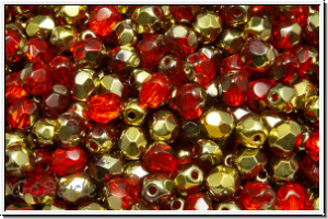 B�hm. Glasschliffperle, feuerpol., 4mm, hyacinth, dk., trans., half brass, 50 Stk.