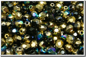 B�hm. Glasschliffperle, feuerpol., 4mm, black, op., golden AB, 50 Stk.