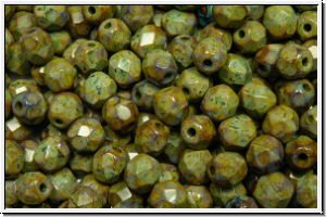 B�hm. Glasschliffperle, feuerpol., 4mm, olivine, dk., op., dk. picasso, 50 Stk.