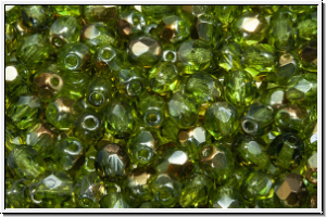 B�hm. Glasschliffperle, feuerpol., 4mm, olivine, trans., half valentinite, 50 Stk.