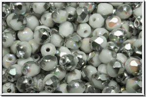 B�hm. Glasschliffperle, feuerpol., 4mm, white, op., half silver AB, 50 Stk.
