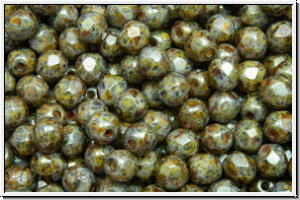 B�hm. Glasschliffperle, feuerpol., 4mm, white, op., blue/brown mineralic, 50 Stk.