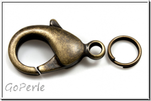 Karabiner "glatt", 23x12mm, antikmessingfb., mit Splitring, Messing, 1 Stk.