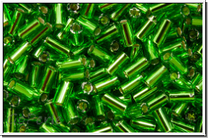 TBU-1-0027, TOHO Bugle 1", 3mm, peridot, trans., silver-ld., 10g