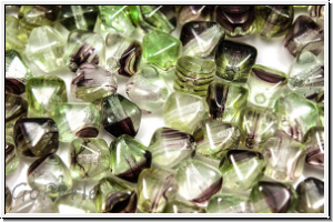 b�hm. Glasperle, Bicone, 6mm, crystal, trans., lt. green/brown ombriert, 30 Stk.