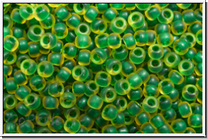 R-15-0242f, TOHO Rocailles, 15/0, jonquil, trans., emerald-ld., luster, matte, 5g