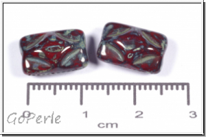 b�hm. Glasperle, Kissen, 8,5x12,5x7mm, op. dk. red/picasso, 5 Stk.