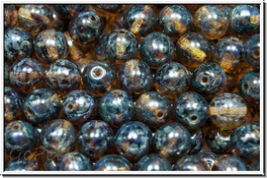 b�hm. Glasperle, rund, 6mm, topaz, smoke, trans., silverpicasso, 25 Stk.