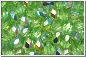 B�hm. Glasschliffperle, Olive, 6x4mm, peridot, lt., trans., AB, 25 Stk.