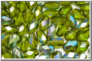 B�hm. Glasschliffperle, Olive, 6x4mm, olivine, trans., AB, 25 Stk.