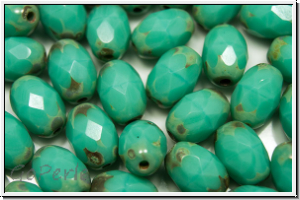 B�hm. Glasschliffperle, Olive, 8x6mm, green turquoise, op., picasso, 25 Stk.