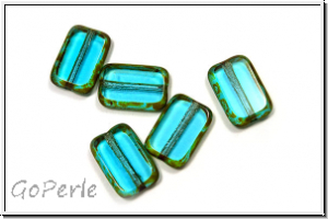 b�hm. Glasperle, table cut, Rechteck, 12x8mm, aqua, trans., dk. picasso, 5 Stk.