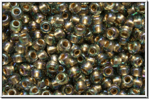 R-11-0999, TOHO Rocailles, 11/0, black diamond, trans., gold-ld., AB, 10g