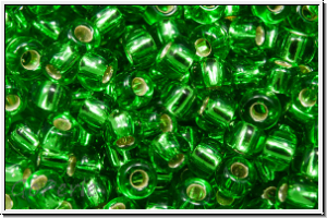 RR-08-0015, MIYUKI Rocailles, 08/0, green, lt., trans., silver-ld., 10g
