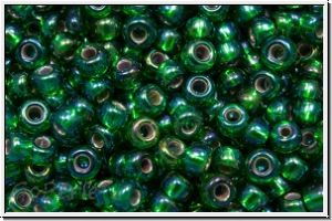 RR-08-1016, MIYUKI Rocailles, 08/0, green, trans., silver-ld., AB, 10g