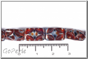 b�hm. Glasperle, Kissen, 8,5x12,5x7mm, dk. red/grey/black, opaque, 5 Stk.