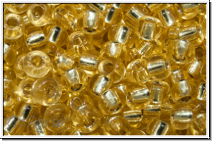 RR-08-0002, MIYUKI Rocailles, 08/0, gold, lt., trans., silver-ld., 10g