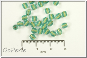 B�hm. Glasschliffperle, feuerpol., 4mm, aqua, trans., brass-ld., 50 Stk.
