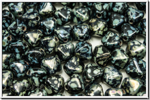 b�hm. Glasperle, Bicone, 6mm, black, op., silver picasso, 30 Stk.