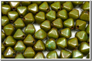 b�hm. Glasperle, Bicone, 6mm, olivine, op., picasso, 30 Stk.