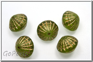 b�hm. Glasperle, Kreisel, 8mm, olivine, trans., gold strip, 1 Stk.