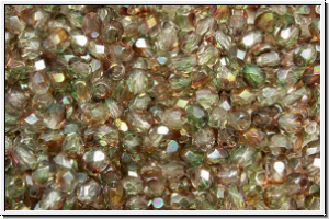 B�hm. Glasschliffperle, feuerpol., 3mm, crystal, trans., green/brown coating, 50 Stk.