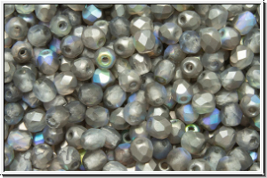 B�hm. Glasschliffperle, feuerpol., 3mm, crystal, trans., graphite AB, matte, 50 Stk.
