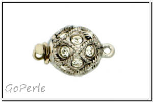 Verschluss, Metall, rhodium plated, Kugel m. Swarovski�-Steinchen