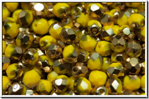 B�hm. Glasschliffperle, feuerpol., 4mm, yellow, lt., op., half brass, 50 Stk.