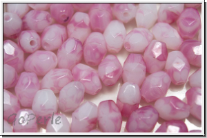B�hm. Glasschliffperle, Olive, 6x4mm, white/rose, op., 25 Stk.