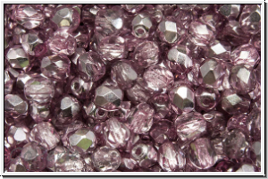 B�hm. Glasschliffperle, feuerpol., 4mm, crystal, trans., half apollo, lt. amethyst, 50 Stk.