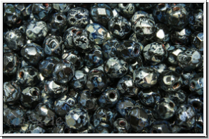 B�hm. Glasschliffperle, feuerpol., 4mm, black, op., silver picasso, 50 Stk.