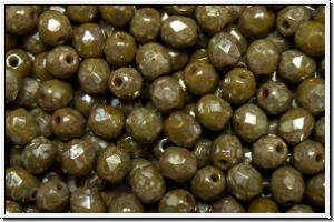 B�hm. Glasschliffperle, feuerpol., 4mm, grey, dk., op., silver picasso, 50 Stk.