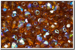 B�hm. Glasschliffperle, feuerpol., 4mm, topaz, dk., trans., AB, 50 Stk.