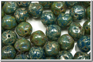 B�hm. Glasperle, Kugel mit Kerben, 8mm, blue, op., silver picasso, 10 Stk.