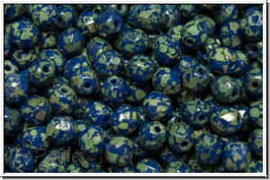 B�hm. Glasschliffperle, feuerpol., 4mm, blue, royal, op., silver picasso, 50 Stk.