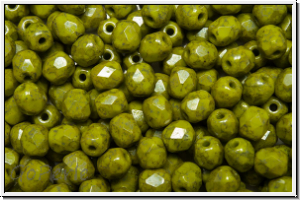 B�hm. Glasschliffperle, feuerpol., 4mm, olivine, dk., op., blue marbled, 50 Stk.