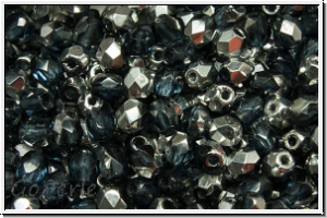 B�hm. Glasschliffperle, feuerpol., 4mm, montana, trans., half silver, 50 Stk.