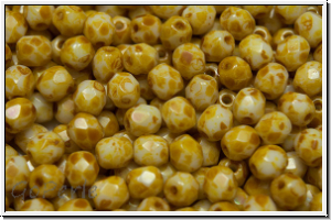 B�hm. Glasschliffperle, feuerpol., 4mm, white, alabaster, picasso, 50 Stk.