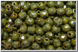 B�hm. Glasschliffperle, feuerpol., 4mm, olivine, dk., op., silver picasso, 50 Stk.