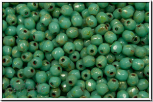 B�hm. Glasschliffperle, feuerpol., 3mm, turquoise, med., op., silver picasso, 50 Stk.