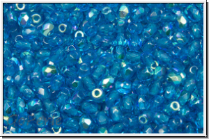 B�hm. Glasschliffperle, feuerpol., 3mm, capri blue, lt., trans., AB, 50 Stk.