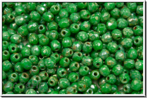 B�hm. Glasschliffperle, feuerpol., 3mm, jade green, dk., op., silver picasso, 50 Stk.