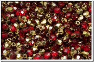 B�hm. Glasschliffperle, feuerpol., 3mm, siam, dk., trans., half brass, 50 Stk.