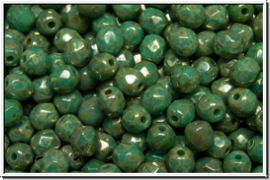B�hm. Glasschliffperle, feuerpol., 4mm, aqua, op., silver picasso, 50 Stk.